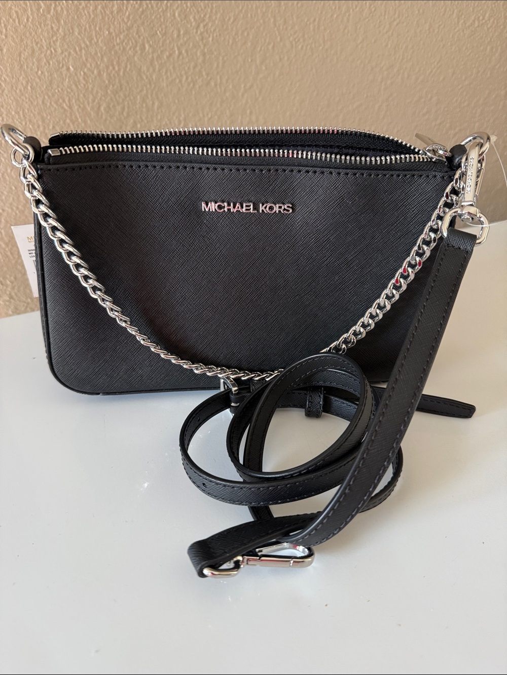 Michael Kors Black Saffiano Crossbody with Silver Chain